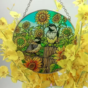 Handmade Metal Stained Glass Christmas Badge & Emblem Suncatcher Art Deco Style Flowers and Birds Design