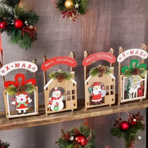 Handmade Painted Wooden Christmas Tree Decorations, Snowman, Sleigh, and Santa Claus Ornaments, Glossy Finish