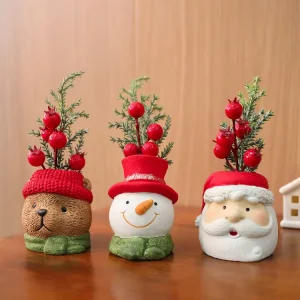 Handmade Resin Christmas Tabletop Decoration Set with Santa, Snowman and Artificial Greenery