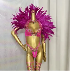 Handmade Samba Carnival Bra and Panty With Feather Set Stones Decorate for EDC Festival Rave Carnival