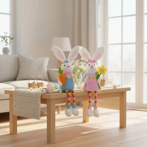 Handmade Set of 2 Easter Bunny Plush Figurines with Carrot and Daisy Accents Adorable Spring Decorations