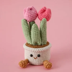Handmade Small Knitted Crochet Flowers Pot Double-headed Tulip Decoration Crochet Flowers Pot