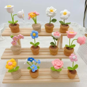 Handmade Soft Knitted Artificial Rose Flower Pot Cute Exquisite Potted Ornaments for Home Table Living Room Desk Decorations