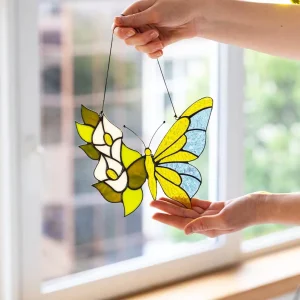 Handmade Stained Glass Butterfly Suncatcher Unique Art Deco Design Window Hanging Decor Pink Floral Style Mother’s Day Gift
