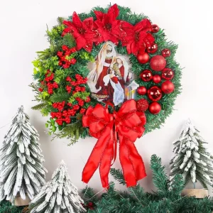 Handmade Stylish Elegant Jesus Christmas Wreath in Golden Red for Indoor Festival Decorations and Parties