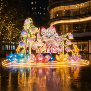 Handmade custom fox lanterns from Zigong China featuring LED lit animal lanterns for commercial display and decoration