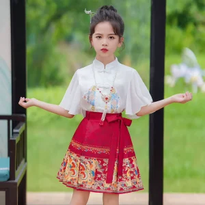 Hanfu Girls Summer Kids Children Toddler Dress Set Traditional Chinese Tang Suit Short Sleeve Skirt Frog