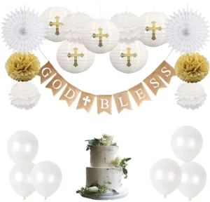 Hanging Cross Print Lanterns Paper Pompoms Fan God Bless Linen Banner&balloon Garland for Christian Baptism Party Backdrop Decor