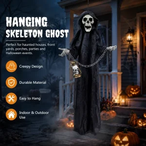 Hanging Skeleton Grim Reaper Ghost Decoration with Lantern and Iron Chains