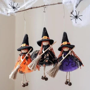Hanging Witch Dolls with Broom and Gauze Skirt Halloween Decoration Indoor Use Halloween Squishy