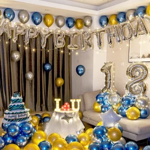 Happy 18th Birthday Festival Party Decoration Set Sapphire Blue Silver Banner Triangle Flag Balloon Kit Celebration