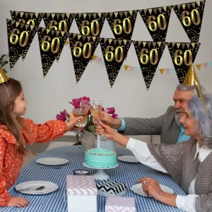 Happy 60th Birthday Black and Gold Triangle Flag Banner Festive Paper Decoration for Eid and Ramadan Party Supplies