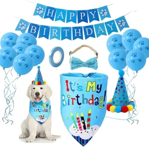 Happy Birthday Banner Balloons Pet Bandana Party Hat Bow Tie Pet Birthday Photo Props Dog Birthday Party Decorations Set