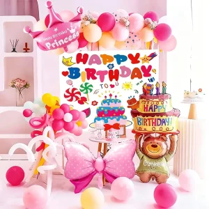 Happy Birthday Bear Cake Balloon Set Backdrop Durable Aluminum Film Balloons Gravure Printed for Girls’ Kids’ Party Decorations