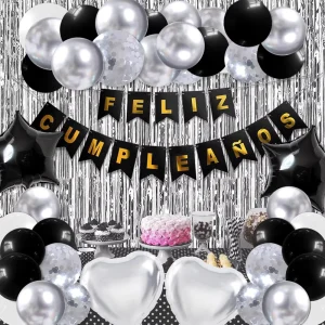 Happy Birthday Christmas Spanish Rubber Black Silver Men’s Party Decoration Set