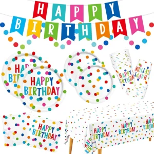 Happy Birthday Decorations Birthday Party Supplies with Disposable Paper Birthday Plates and Napkins Cups Tablecloth Banner