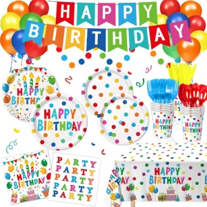 Happy Birthday Decorations Dots Birthday Supplies With Plates Napkins Cups Cutlery Banner Hanging Swirl Tablecloth Balloons