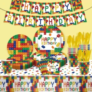 Happy Birthday Disposable Plates Biodegradable 9 Piece Paper Tray Cup Towel Tablecloth Supplies Set