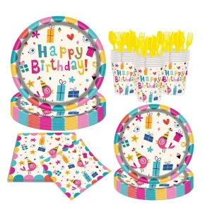 Happy Birthday Disposable Tableware 200 Piece Paper Plates Cups Napkins American Style Party