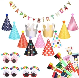 Happy Birthday Letter Banners Flags Paper Hat Crown Whistle Noise Maker Glasses Photo Props Accessories for Birthday Party Decor