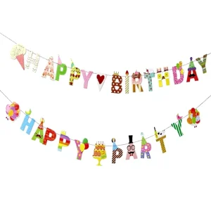 Happy Birthday Party Bunting Festive Banners Streamers Cartoon Pull Up Banners with Letters Pattern for Event Decor