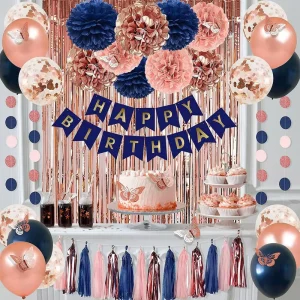 Happy Birthday Party Decoration Supplies Navy Blue Rose Gold Balloon and Butterfly and Tassel Set