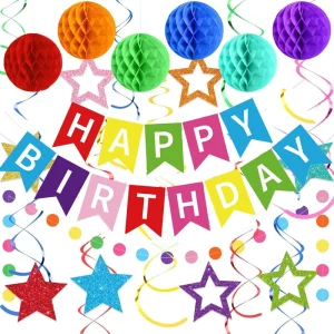 Happy Birthday Party Decorations Set Colorful Honeycomb Balls Swirl Streamers Birthday Banner Supplies
