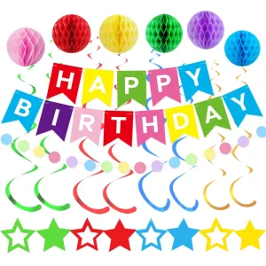 Happy Birthday Party Supplies Colorful Round Banner Spiral Streamers Honeycomb Balls Party Decoration Set