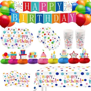 Happy Birthday Party Supplies Set Disposable Tableware Kit with Plates Napkins Cups Tablecloth Banner Balloons Honeycomb Decor