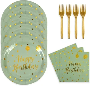 Happy Birthday Plates and Napkins Party Supplies Sage Green and Gold Disposable Paper Plates and Napkins for Birthday Party