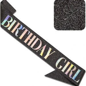 Happy Birthday & Valentine’s Day Glitter Sash with Black Foil Gold PU Material for Women & Men Indoor Outdoor Party Decoration