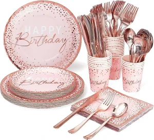 Happy Birthday Women Pink Rose Gold Paper Plates Napkins Birthday Party Decoration Supplies