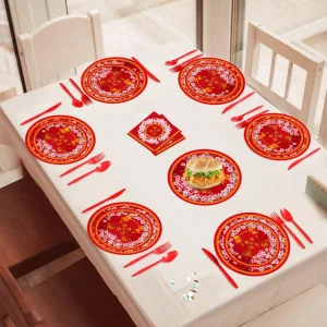 Happy Chinese New Year Holiday Party Eco Friendly Disposable Round Paper Tableware Set for Table Decoration Customized Supplies