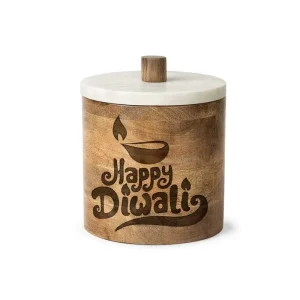 Happy Diwali Decorative Wooden Jar with Diya Carving and Marble Lid Festival Storage
