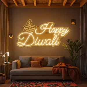 Happy Diwali Neon Sign Diya Shape LED Signs Decorations Ganesha Diwali Lord Ganesha Hindu Religious Elephant Sign