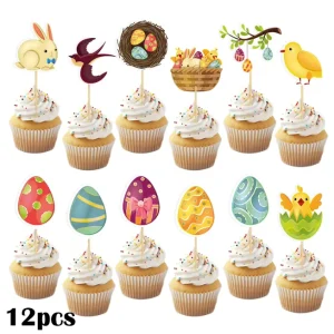 Happy Easter Bunny Egg Themed Cupcake Toppers Set Paper Cake Picks for Easter Party Dessert Decorations Bakery Supplies