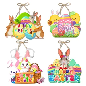 Happy Easter Spring Hanging Paper Signs Easter Egg Bunny Home Front Door Hanger Wall Decoration