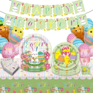 Happy Easter Theme Birthday Party Tableware Rabbit Disposable Party Supplies Set Party Paper Plate Cup Napkin