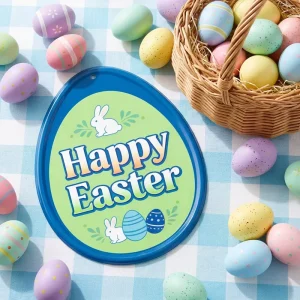 Happy Easter Theme Egg Shape Easter Decor Vintage Metal Signs UV Printed Holiday Hanging Decor