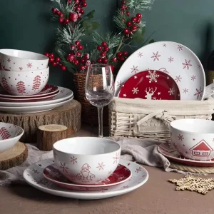 Happy Go Winter Themed Stoneware Tableware Festive Dining Essentials for 4 Underglaze Printed for Xmas Home Dinner