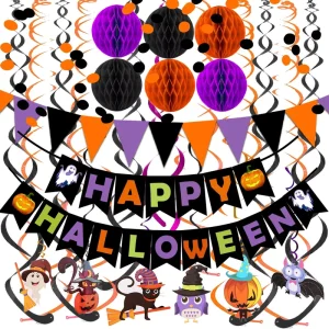Happy Halloween Paper Triangle Flag Bunting Circle Confetti Dots Hanging Garland Banner for Halloween Party Decorations