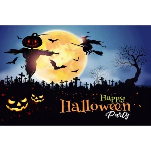 Happy Halloween Party Decor Background Graveyard Pumpkin Lights Witch Broom Halloween Eve Moon Horror Theme Photography Backdrop