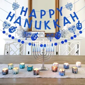 Happy Hanukkah Glitter Paper Banner Hexagram Candlestick Design Flag Hanging Garland Backdrop Party Decoration