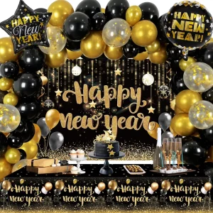 Happy New Year Arch Garland Kit Black Gold Background Tablecloth Foil Balloon Latex Colorful Confetti NYE Party Decoration