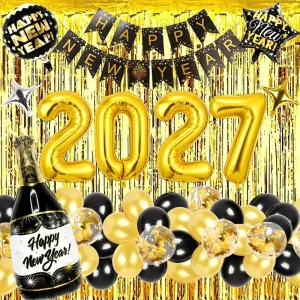 Happy New Year Balloon Garland Kit Gold Tinsel Curtain Banner Champagne Foil Balloon Party Decor