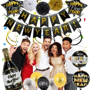 Happy New Year Balloons set Black Gold Party Backdrop Supplies champagne bottle foil balloon decoration