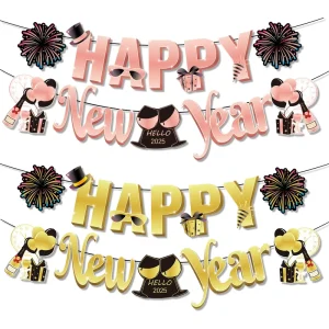 Happy New Year Banner Flag New Year Party Decoration Banner Pull Flower Hanging Decorations