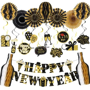 Happy New Year Banner Hanging Swirls Black Gold Paper Fans Honeycomb Ball Set for Chinese New Year Party Decorations Kit