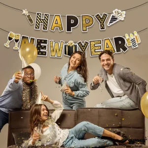 Happy New Year Banner Paper Banner No DIY Disco Style New Year Party Decorations Supplies Sign NYE Decor