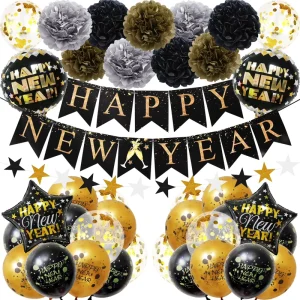 Happy New Year Banner Set New Year’s Party Decorations New Year Digital Balloon Holiday Party Balloons Party Decorations